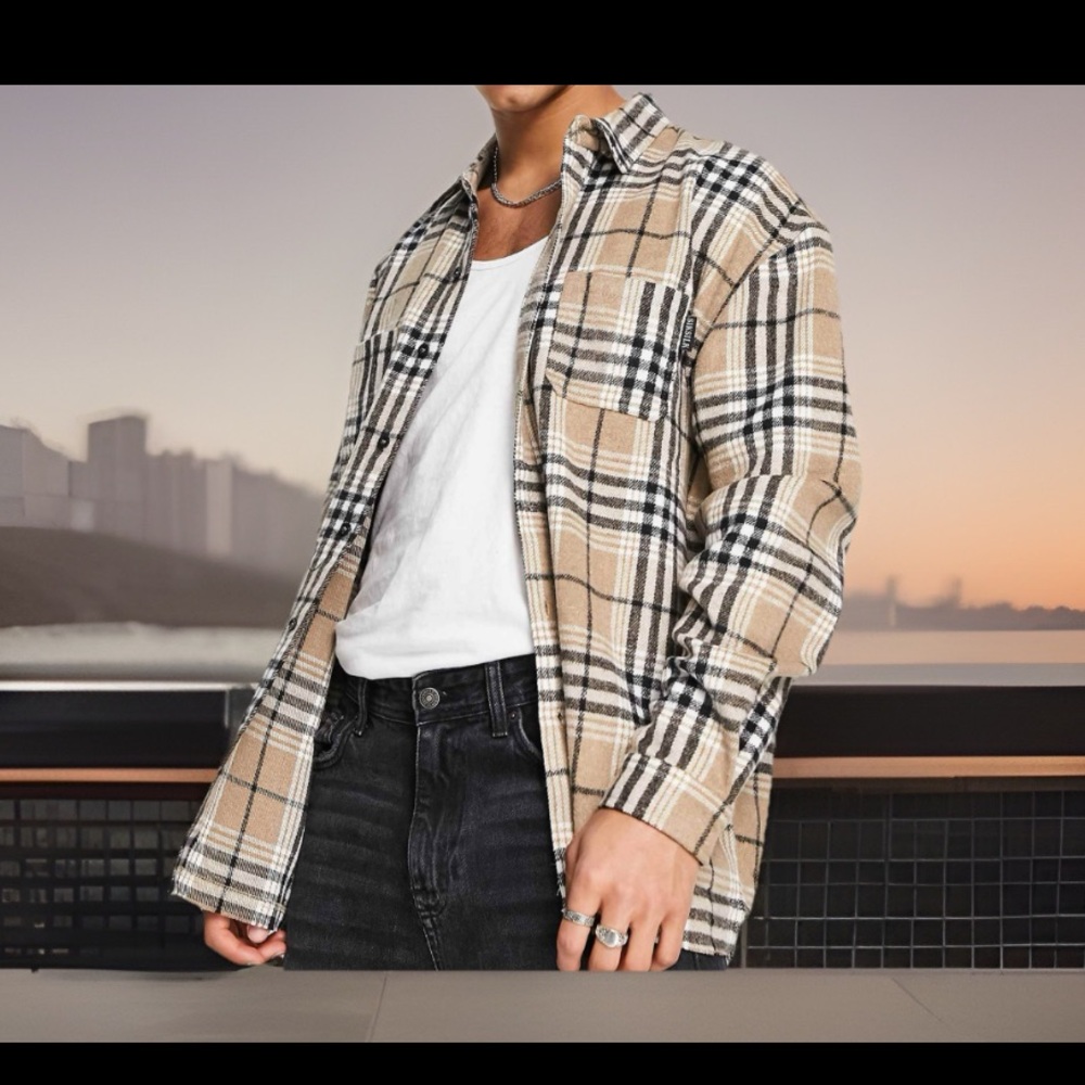 ASOS Design Plaid Tan Double Pockets Wool Blend Button Down Mid-weight Jacket